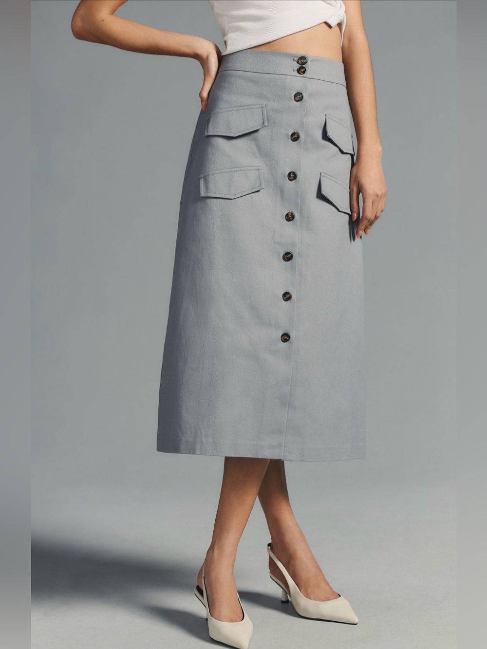 Mare Mare x Anthropologie Gray Button Front Utility Midi Skirt Size M - Picture 6 of 11
